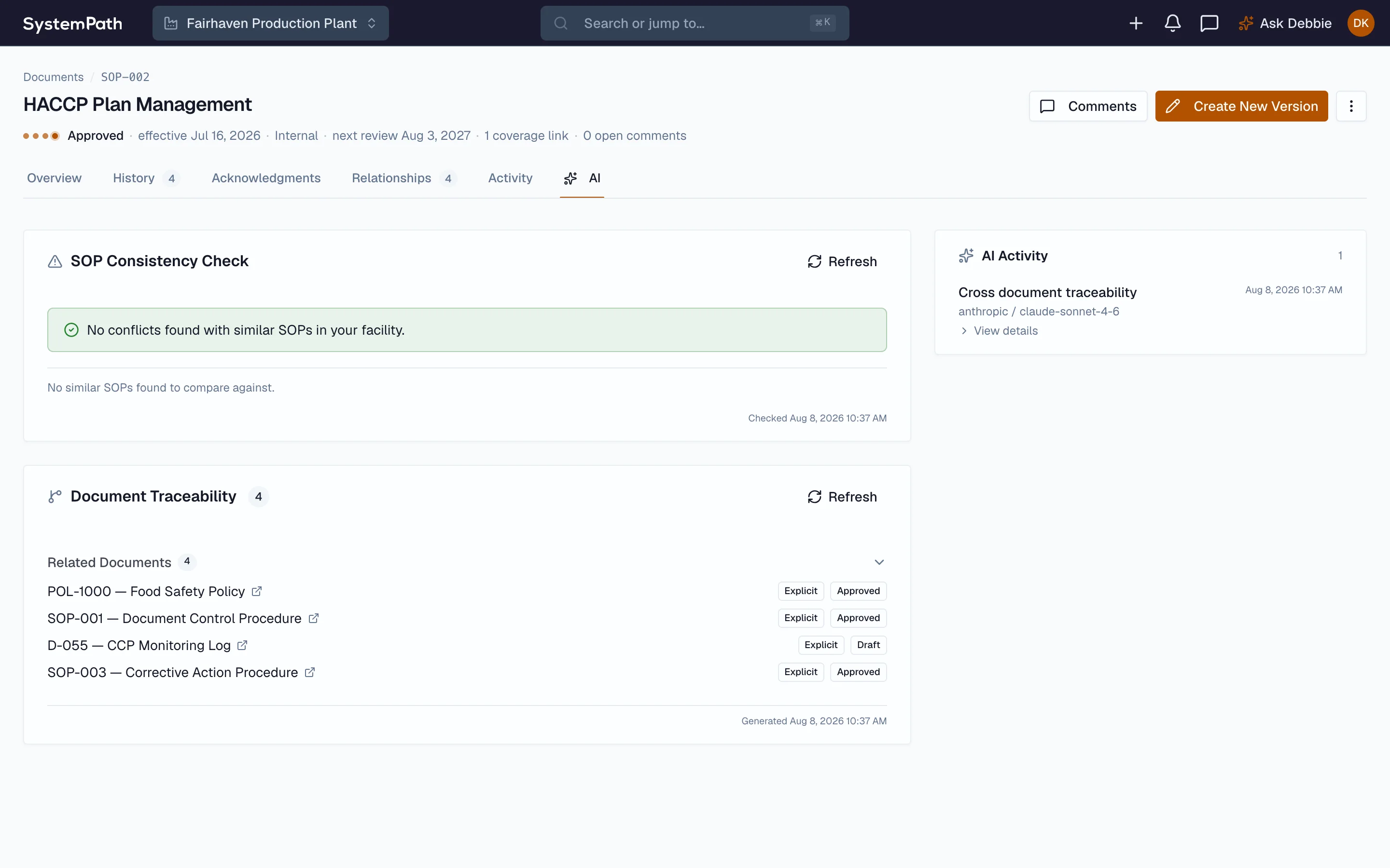 Beacon SOP consistency check and document traceability with the model that ran recorded