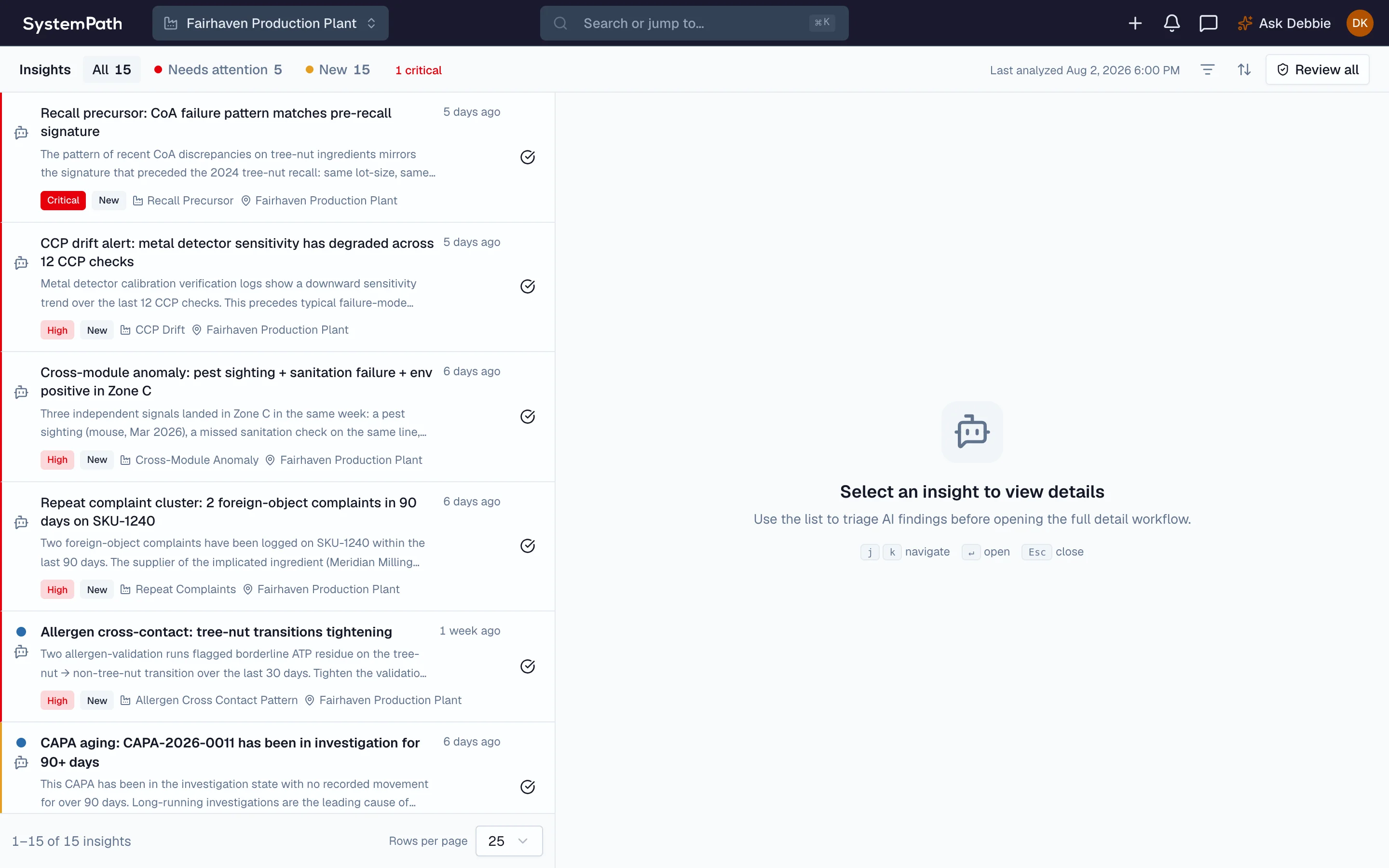 Beacon AI insight queue with each finding's severity, detector, and age