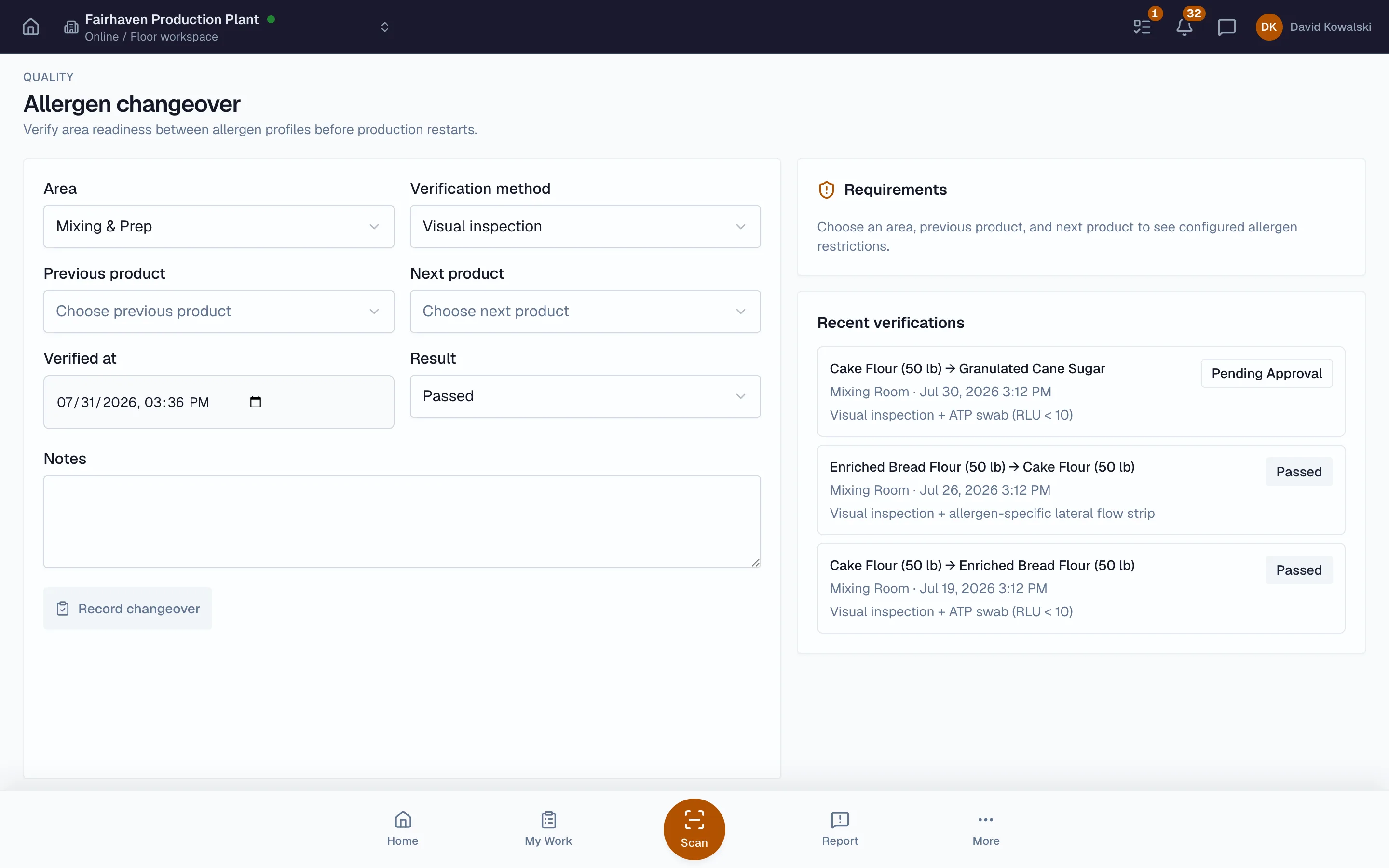 Changeover validation and allergen swab testing in Beacon