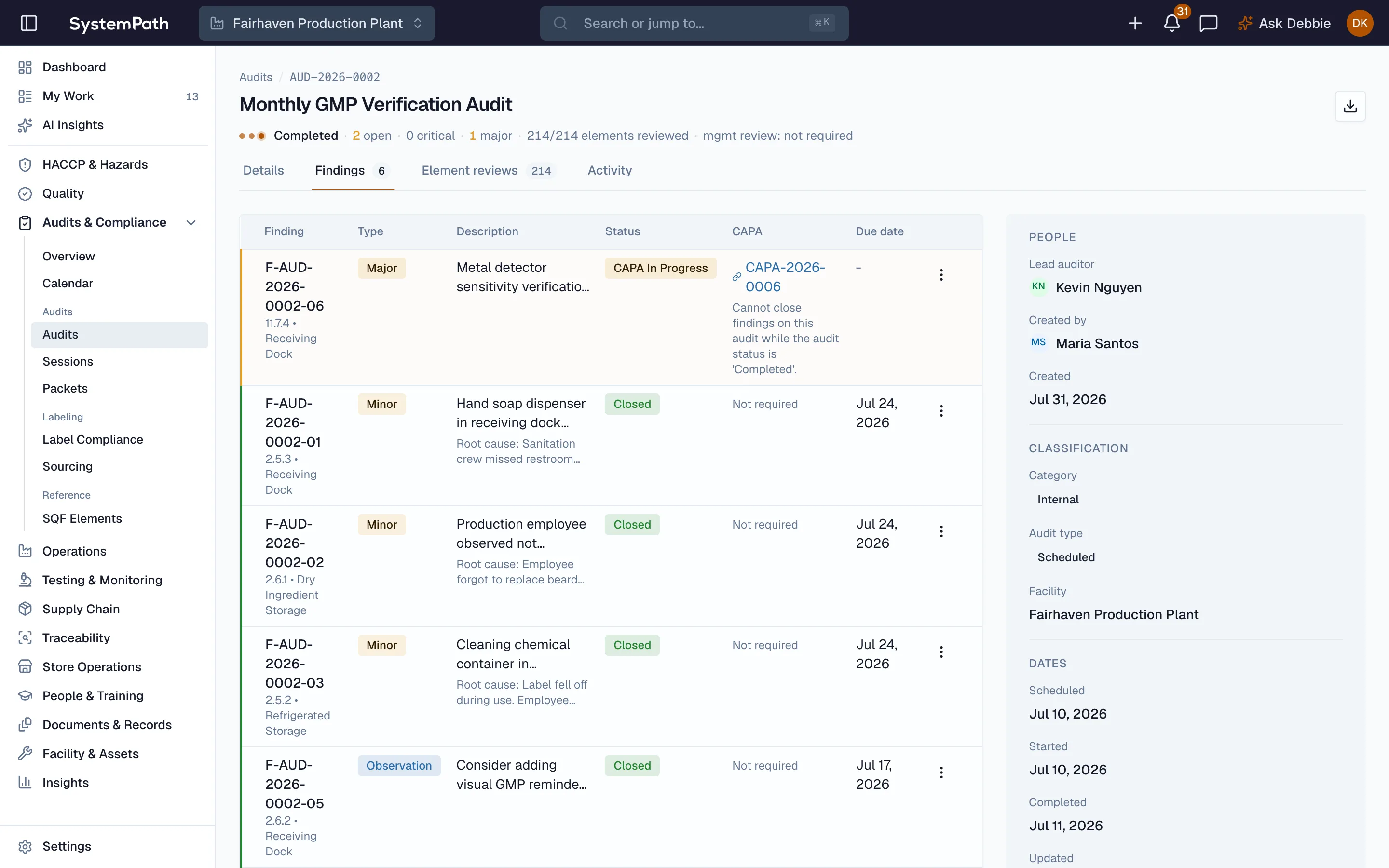 Internal audit, corrective action, and traceability tracking in Beacon