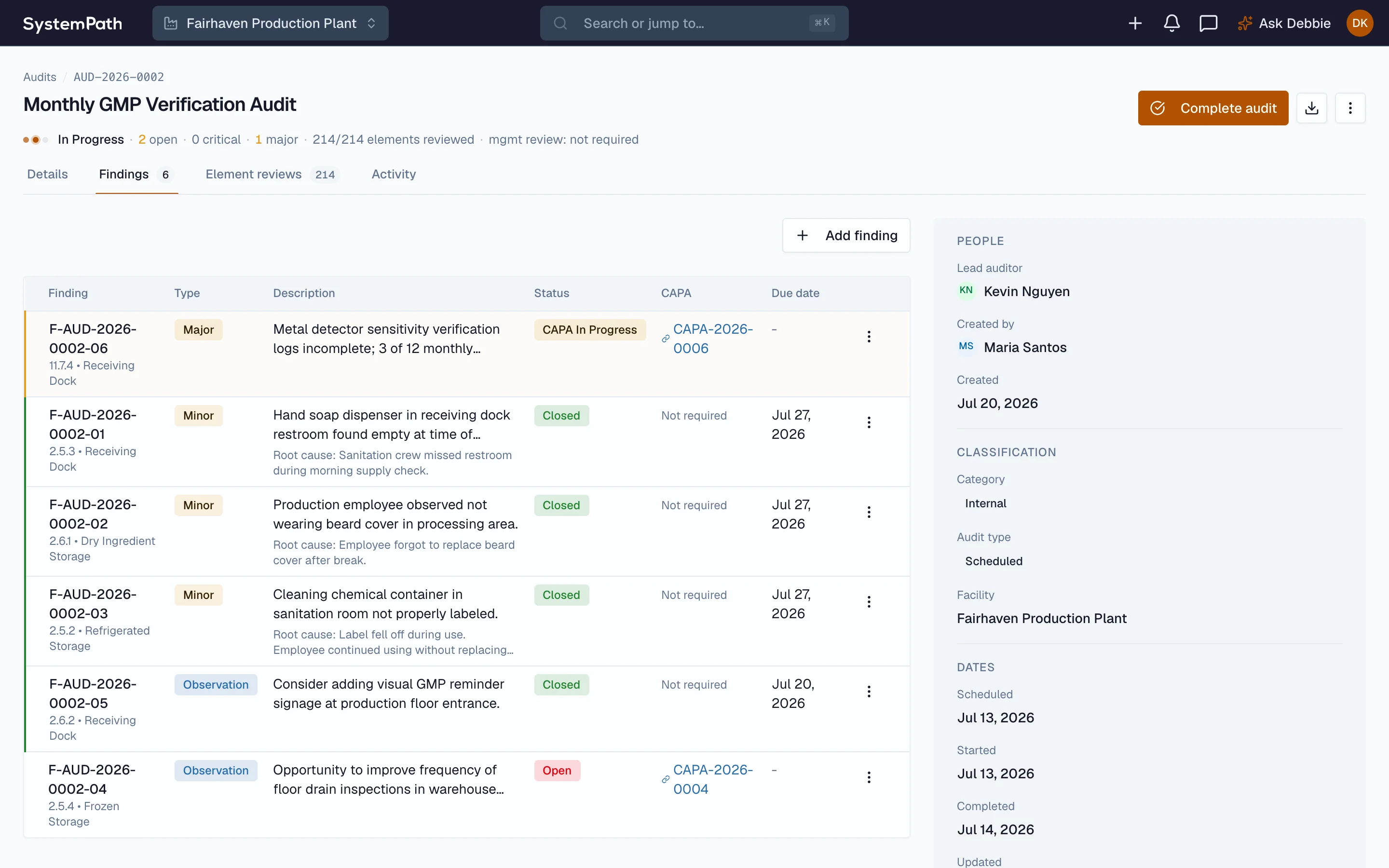Beacon audit findings typed by severity with their clause, root cause, and linked corrective action