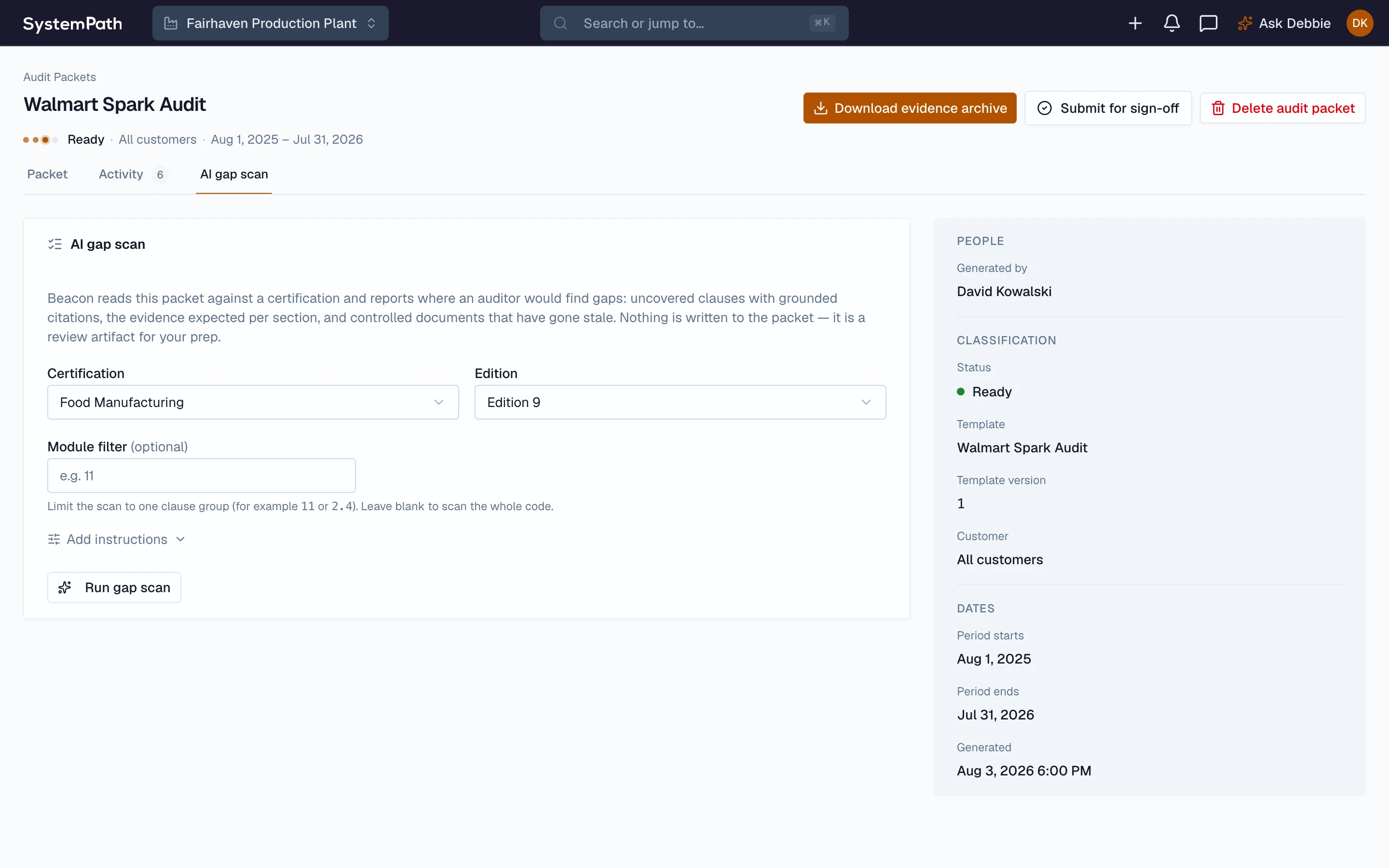 Beacon AI gap scan reading a packet against a certification before it is sent