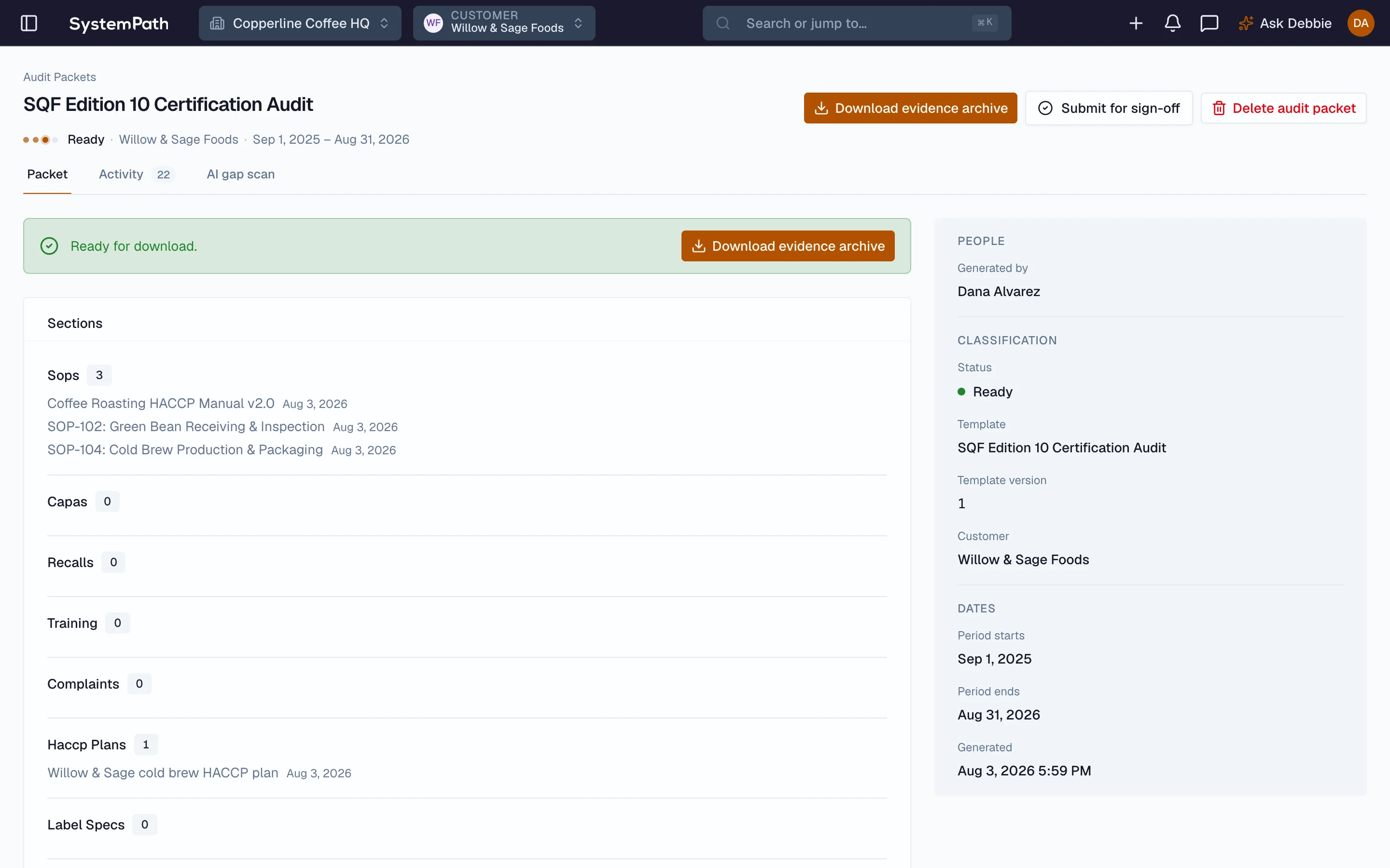 Beacon audit packet scoped to a single co-packing customer