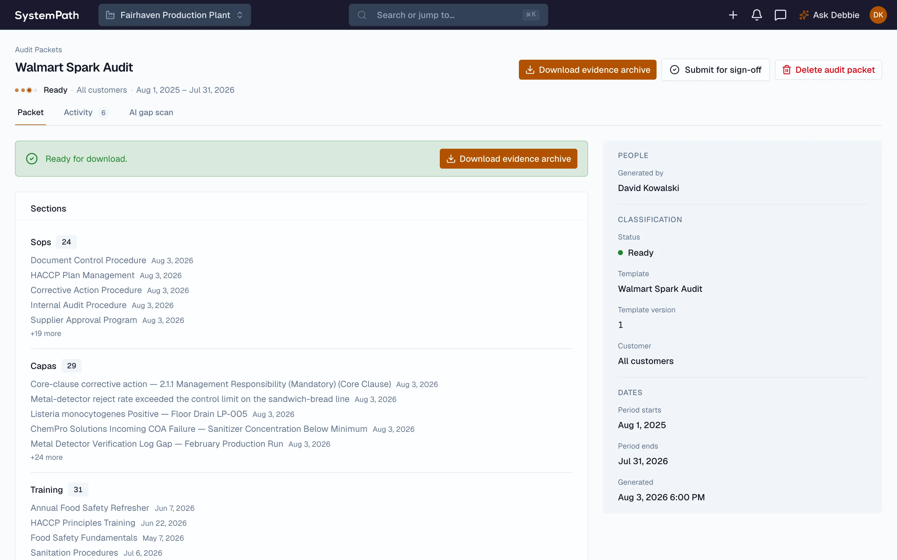 Beacon BRCGS audit packet with sealed manifest and checksum