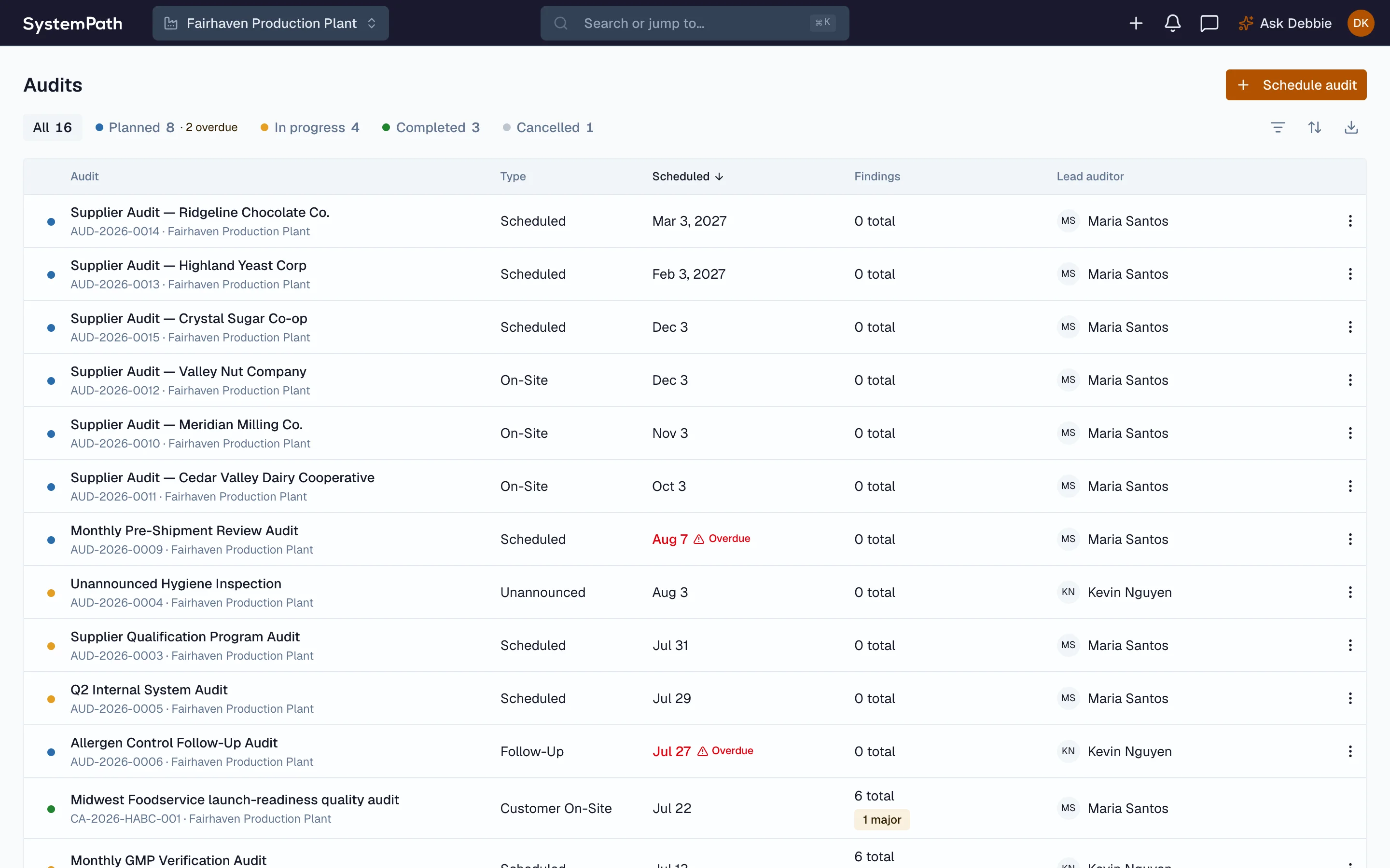 Beacon audit register with the type, status, and finding counts on every audit