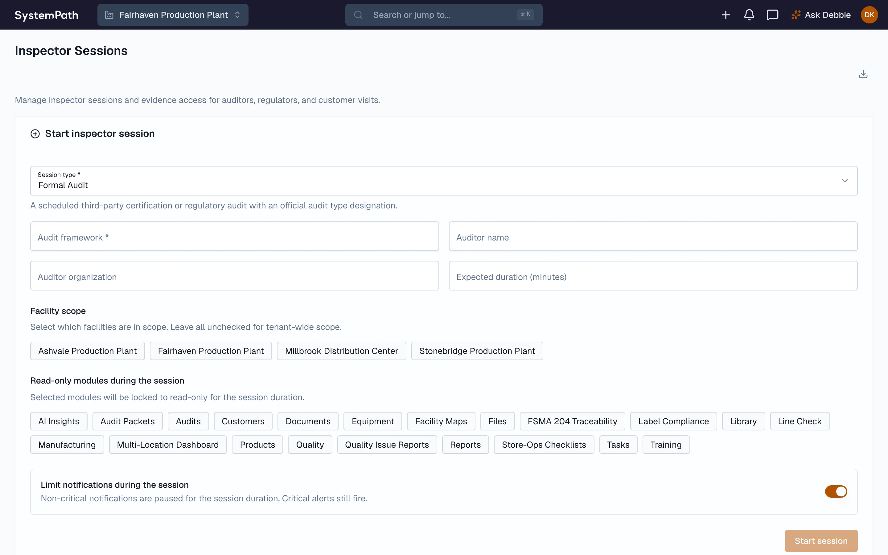 Beacon inspector session setup with module read-only locks and notification limits
