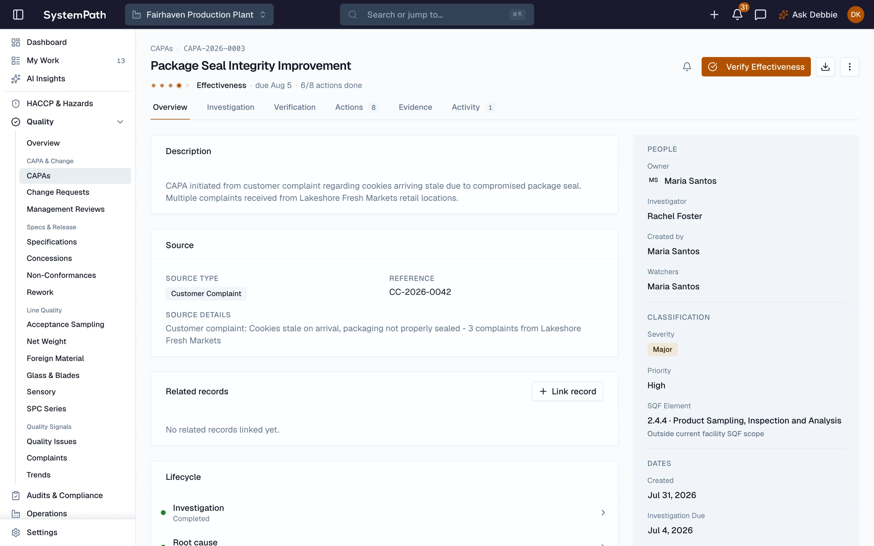 Corrective action record with root cause and linked source in Beacon