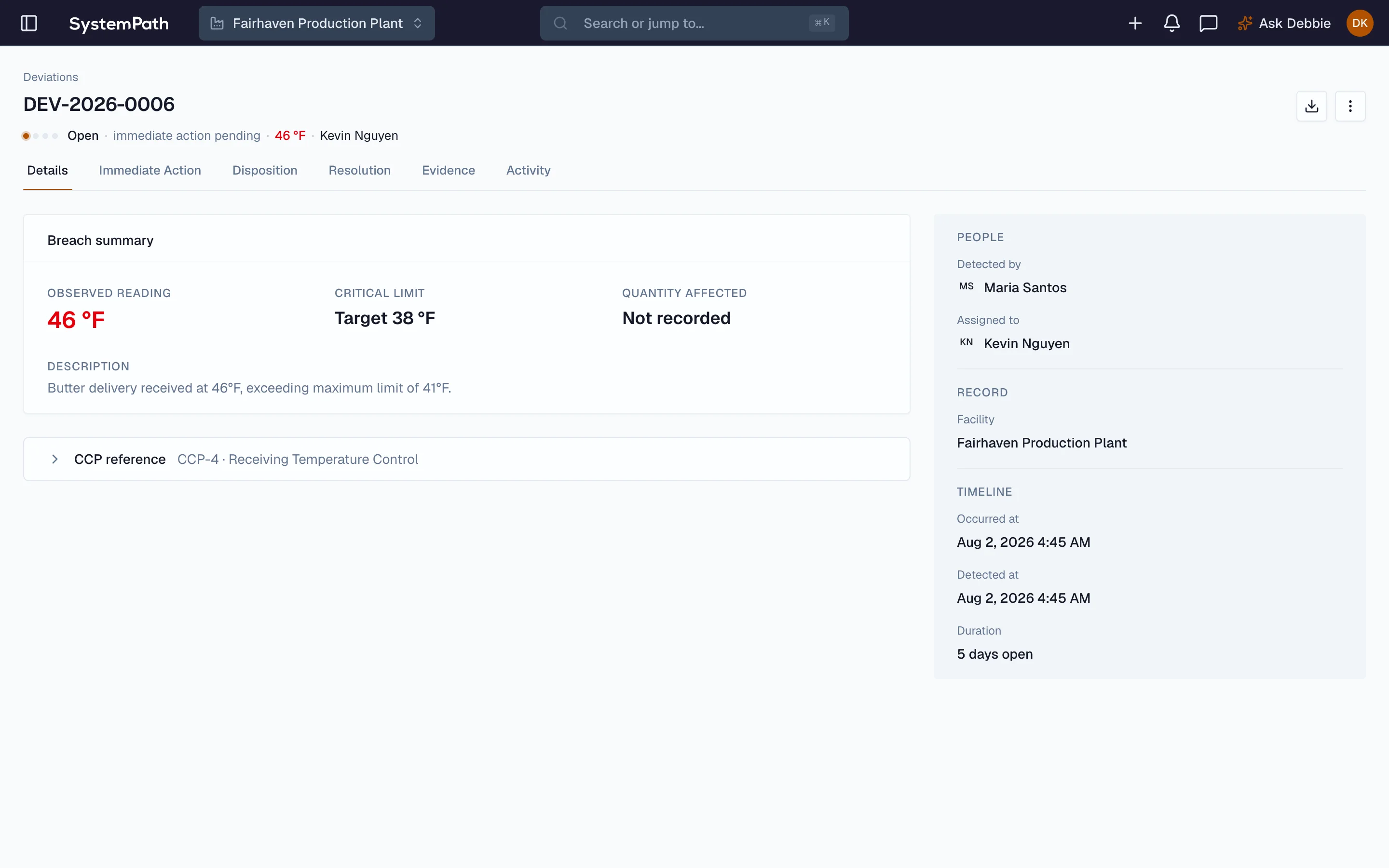 Beacon CCP monitoring deviation flagged out-of-range with an immediate-action banner
