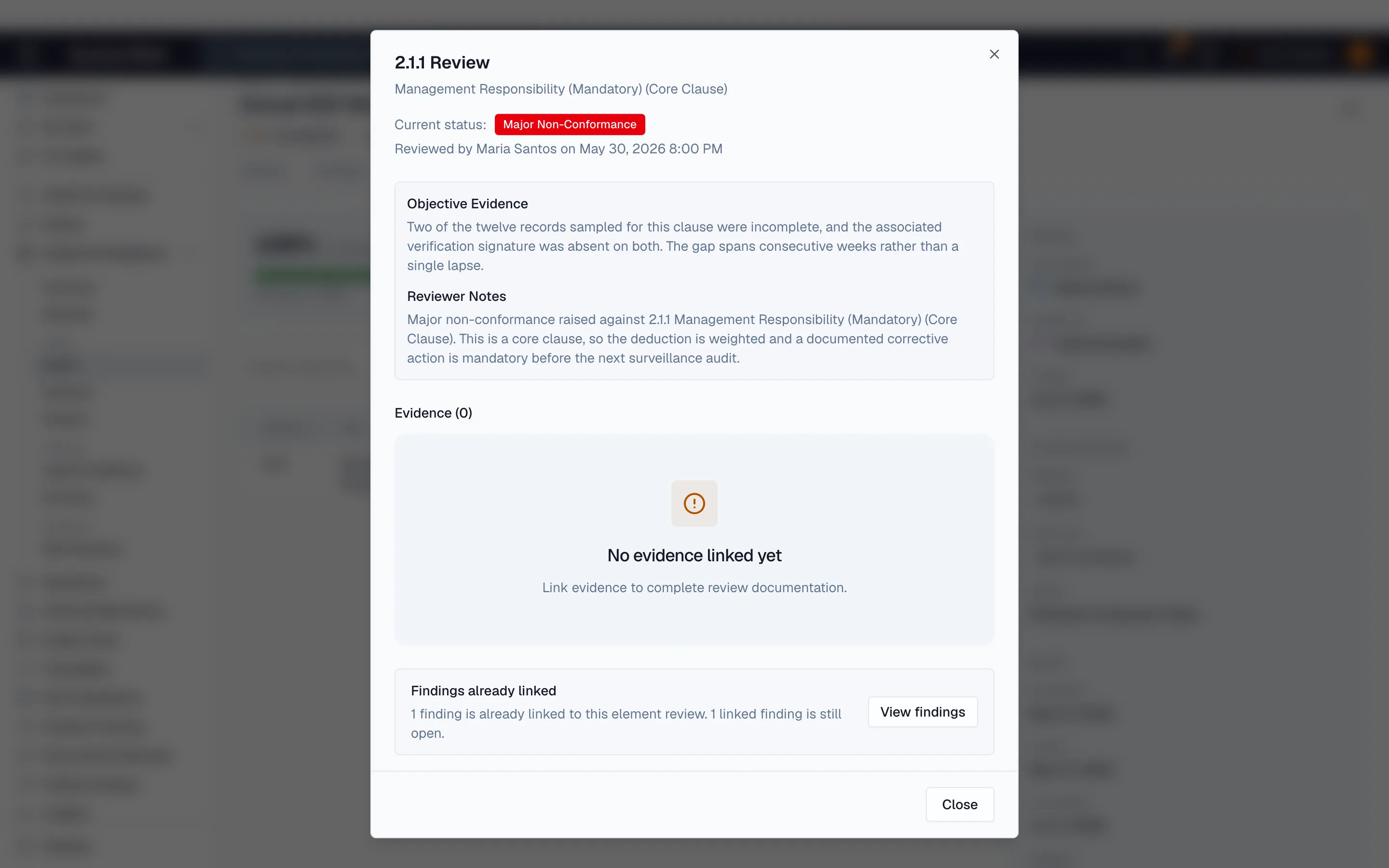 Beacon internal audit with core-clause scoring