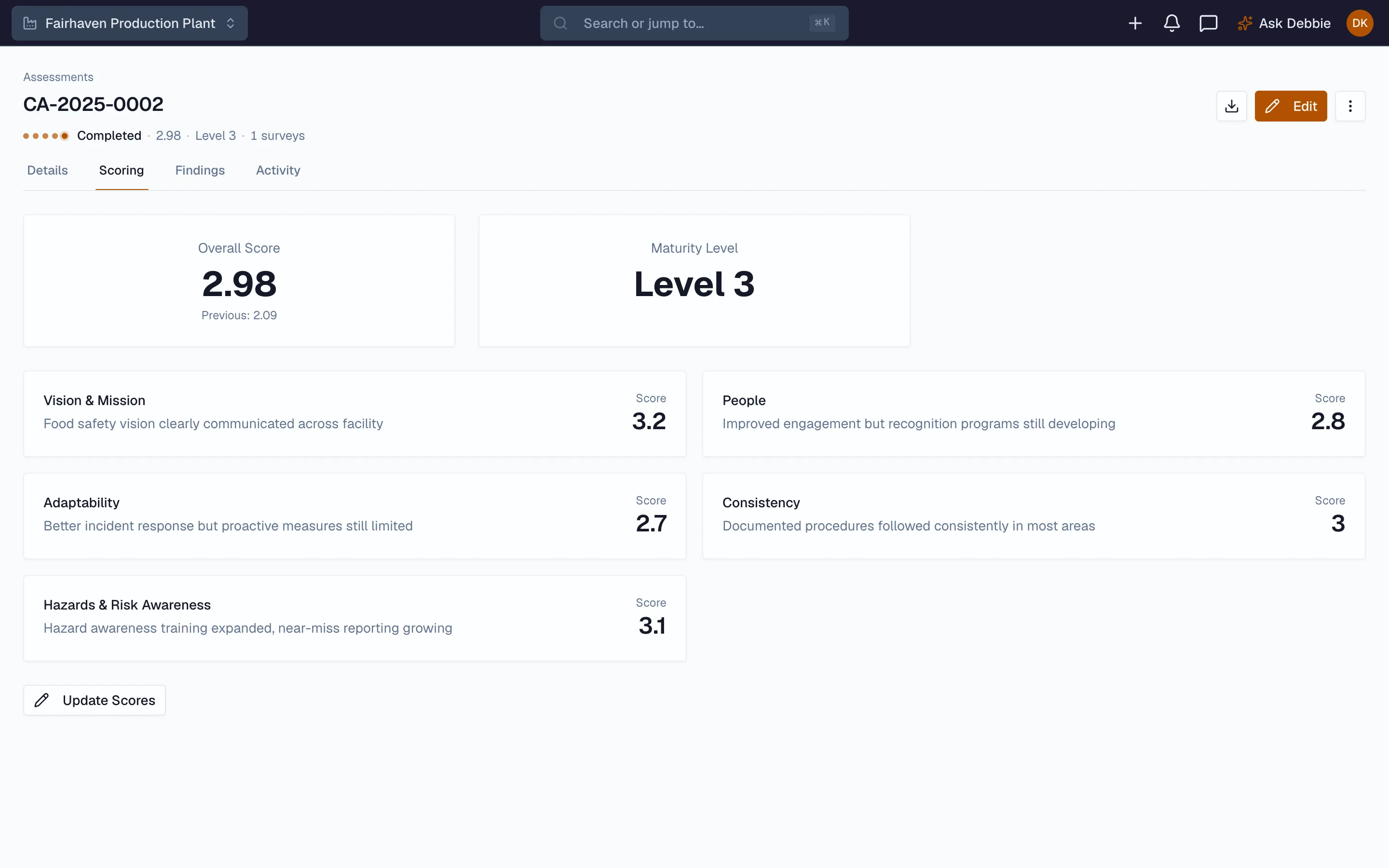 Beacon food safety culture assessment with metrics over time