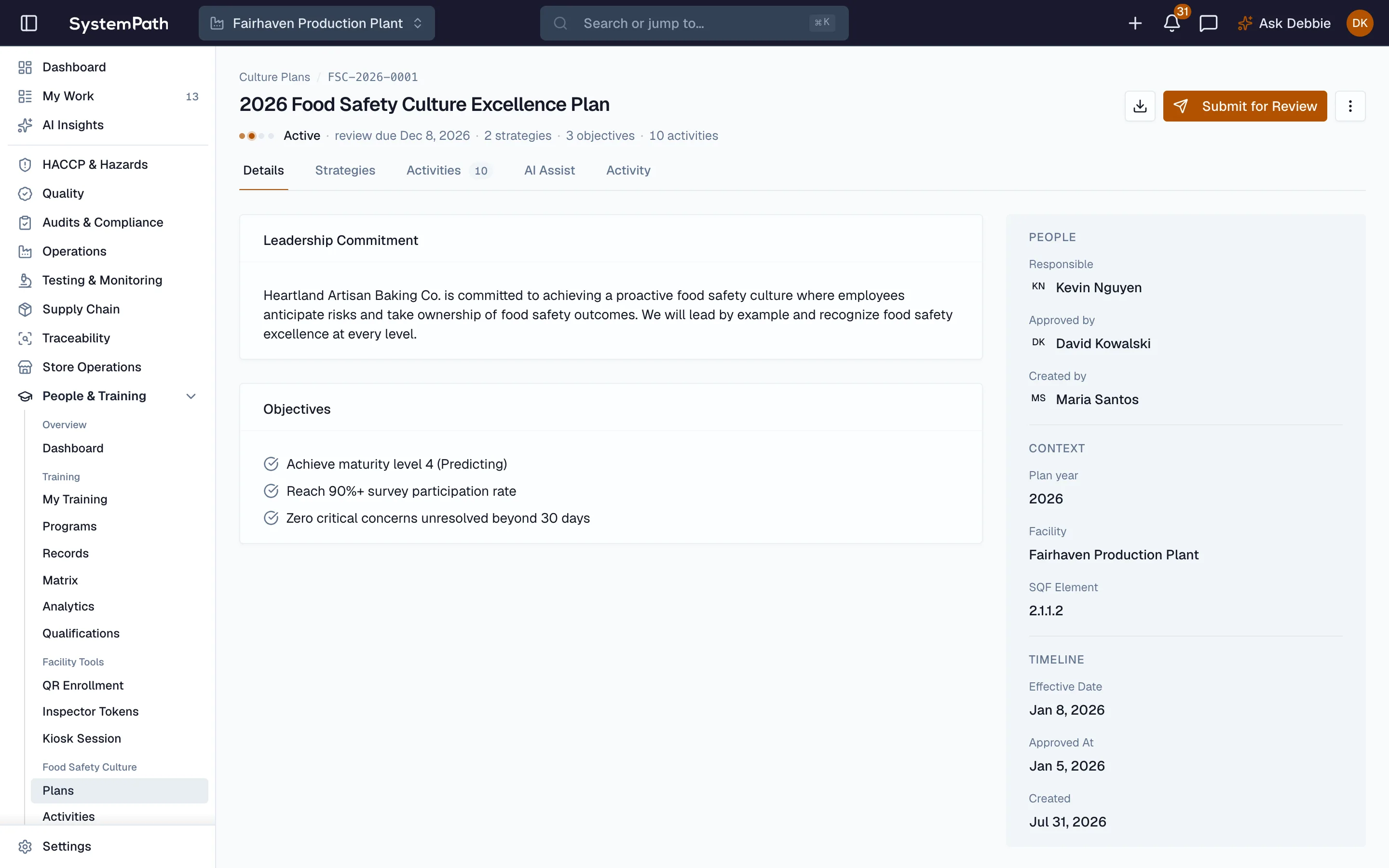 Management review and food safety culture records in Beacon