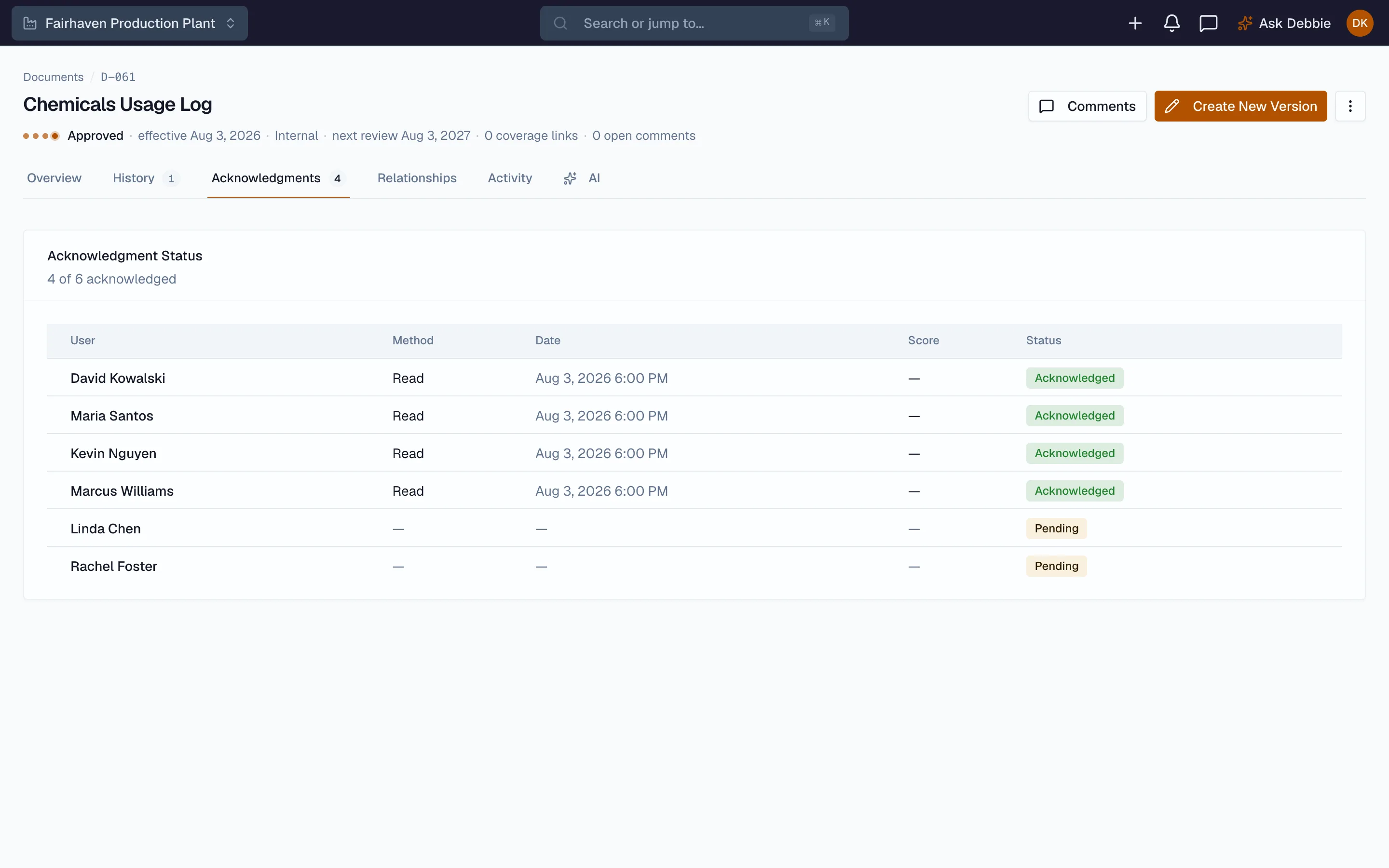 Beacon training records linked to controlled document versions