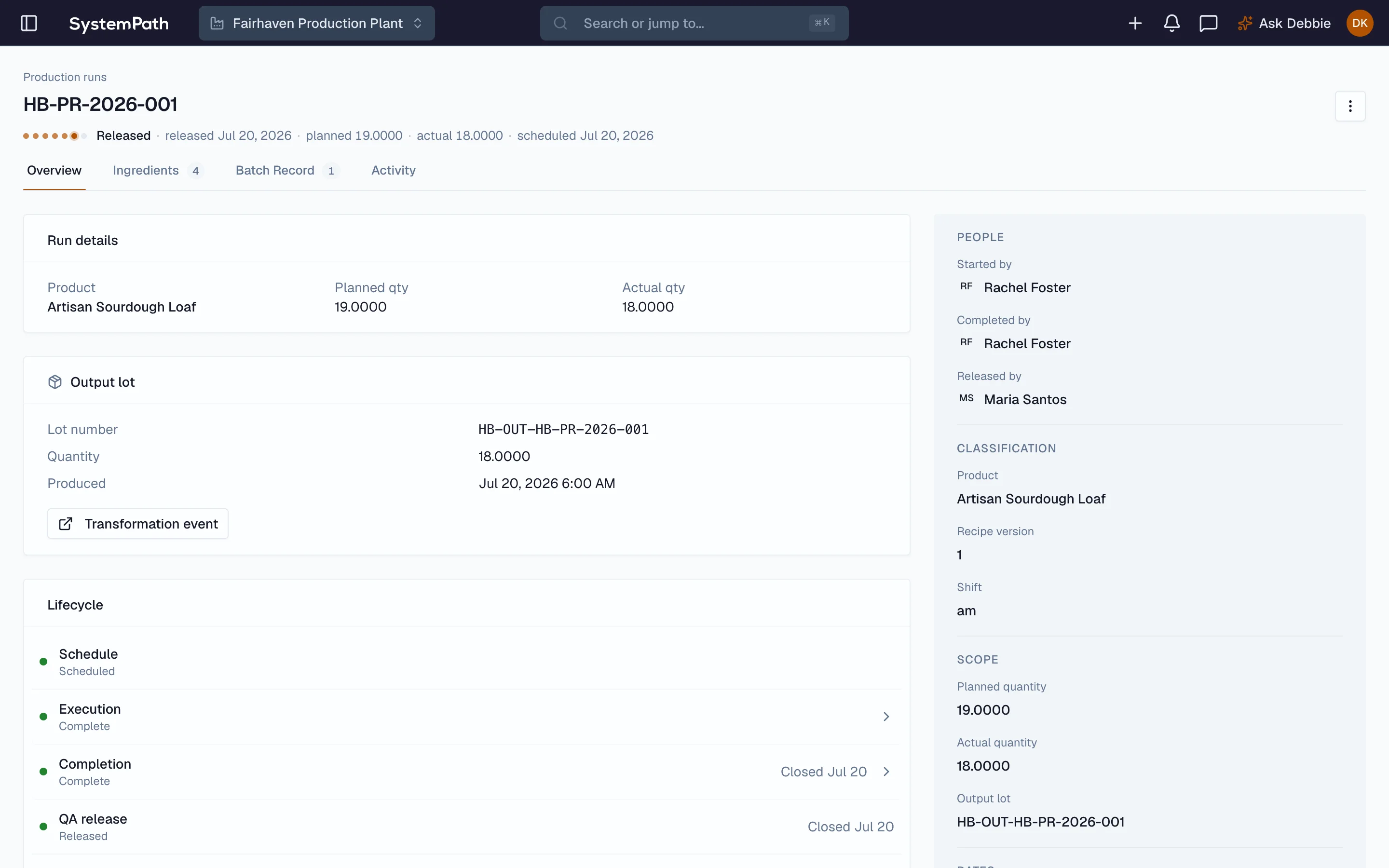Beacon completed production records with signatures