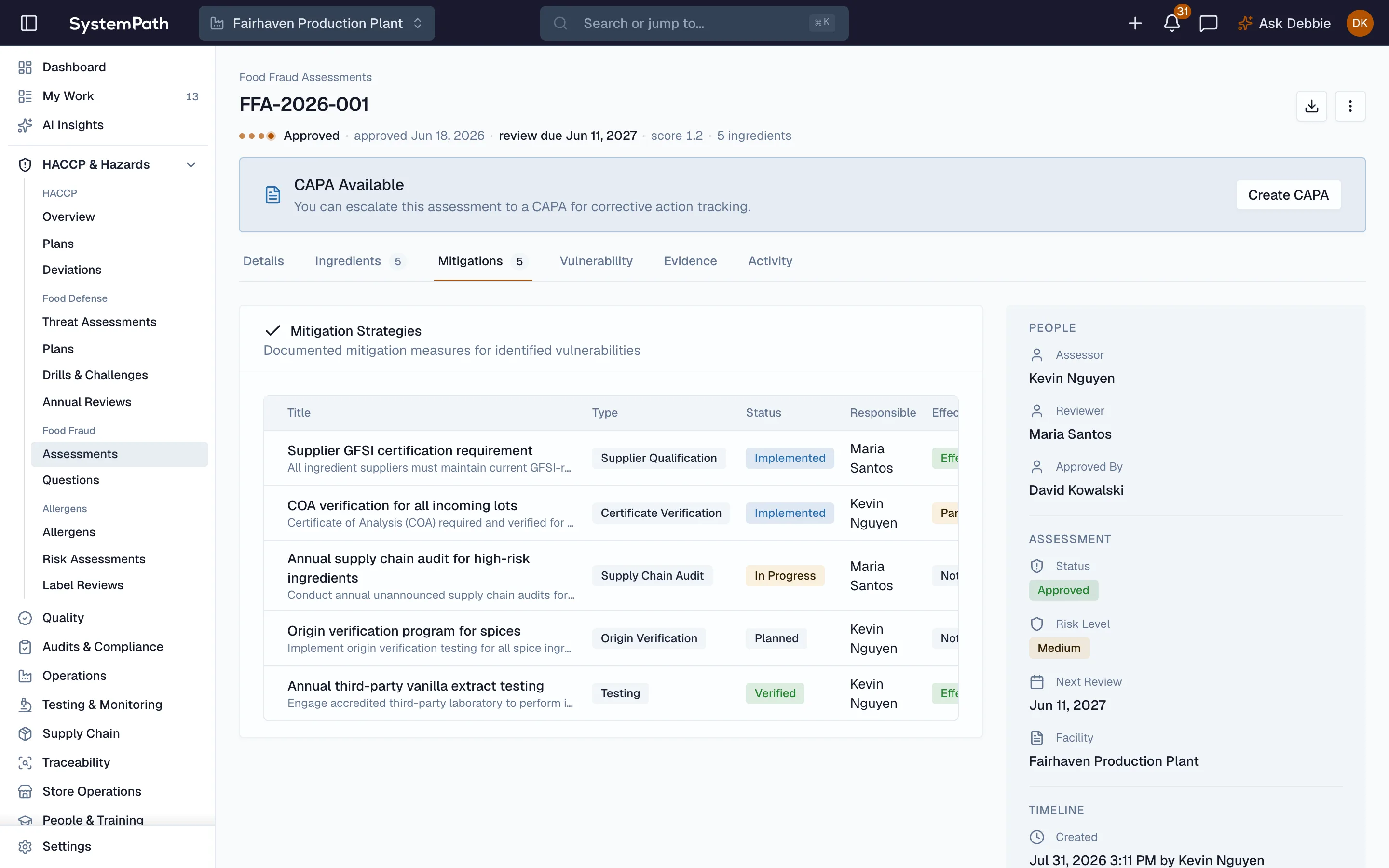 Beacon food fraud mitigation plan with controls linked to vulnerabilities