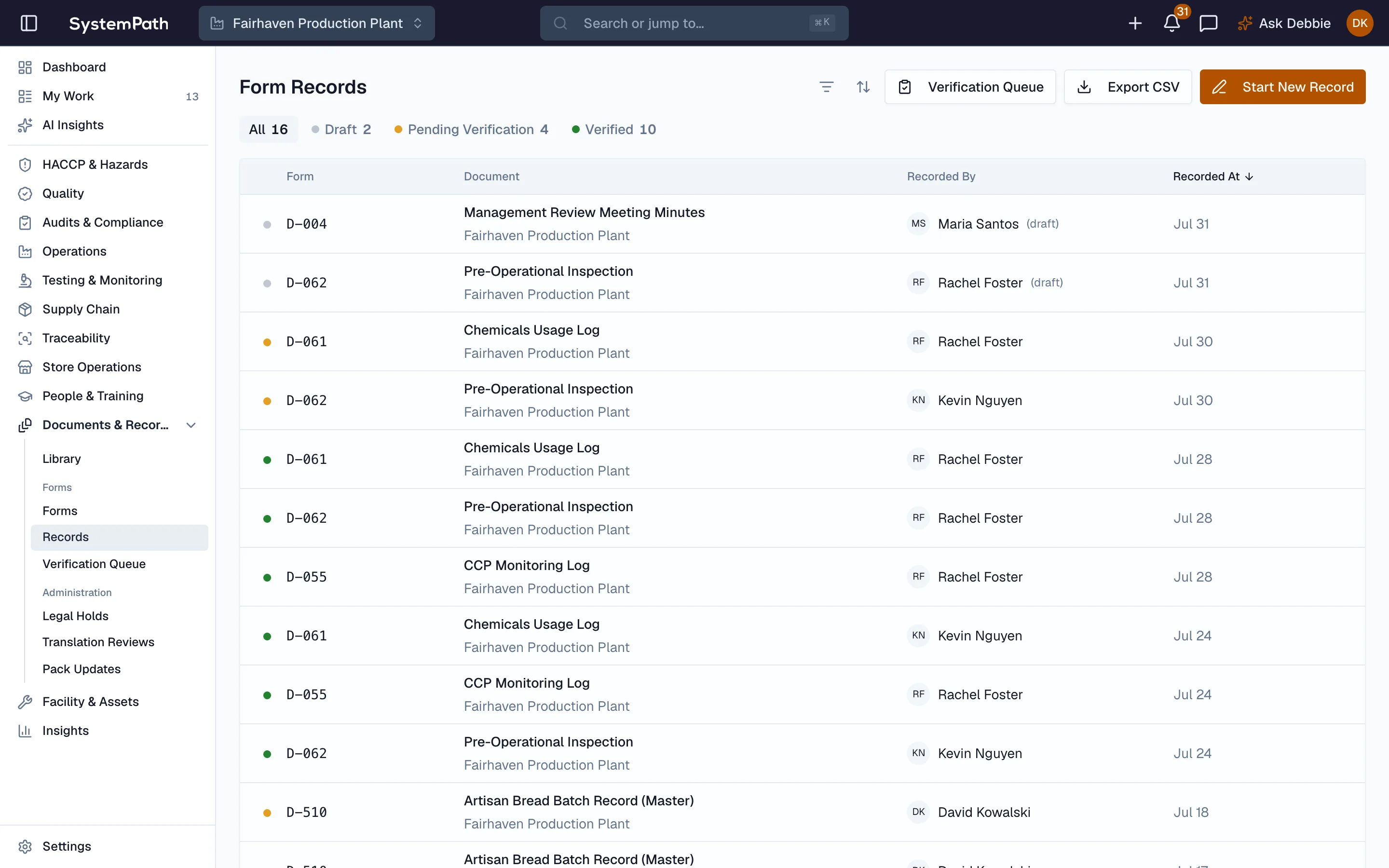 Production sequencing and allergen verification records in Beacon