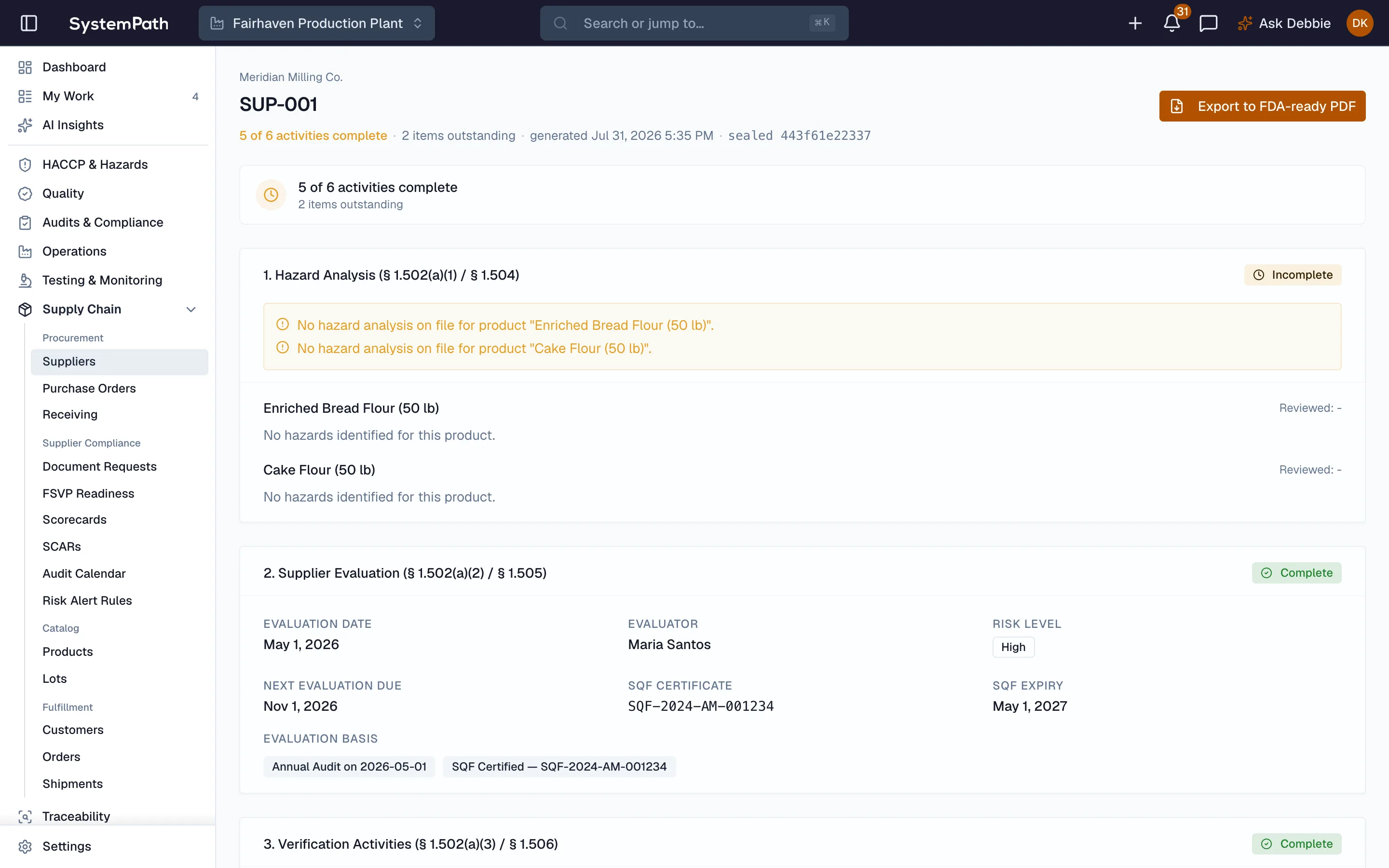 Hazard analysis and supplier evaluation in Beacon
