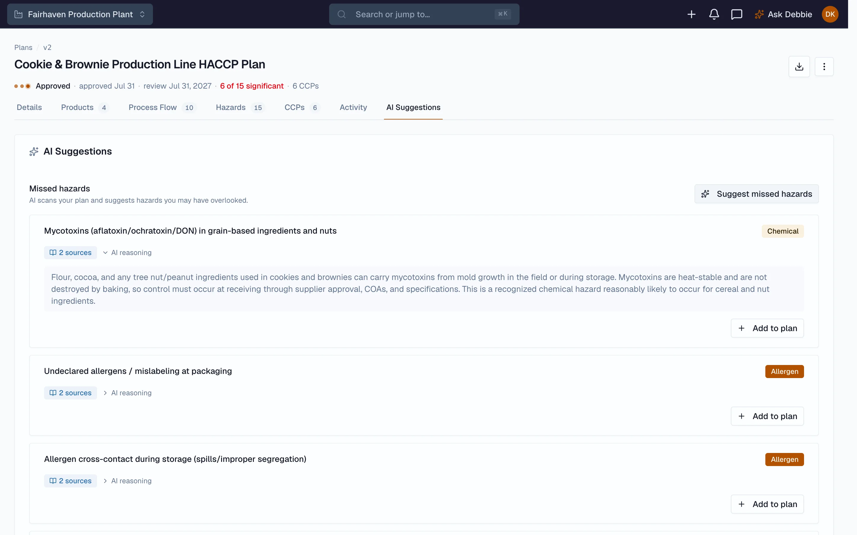 Beacon AI hazard suggestions with reasoning and sources, awaiting team review