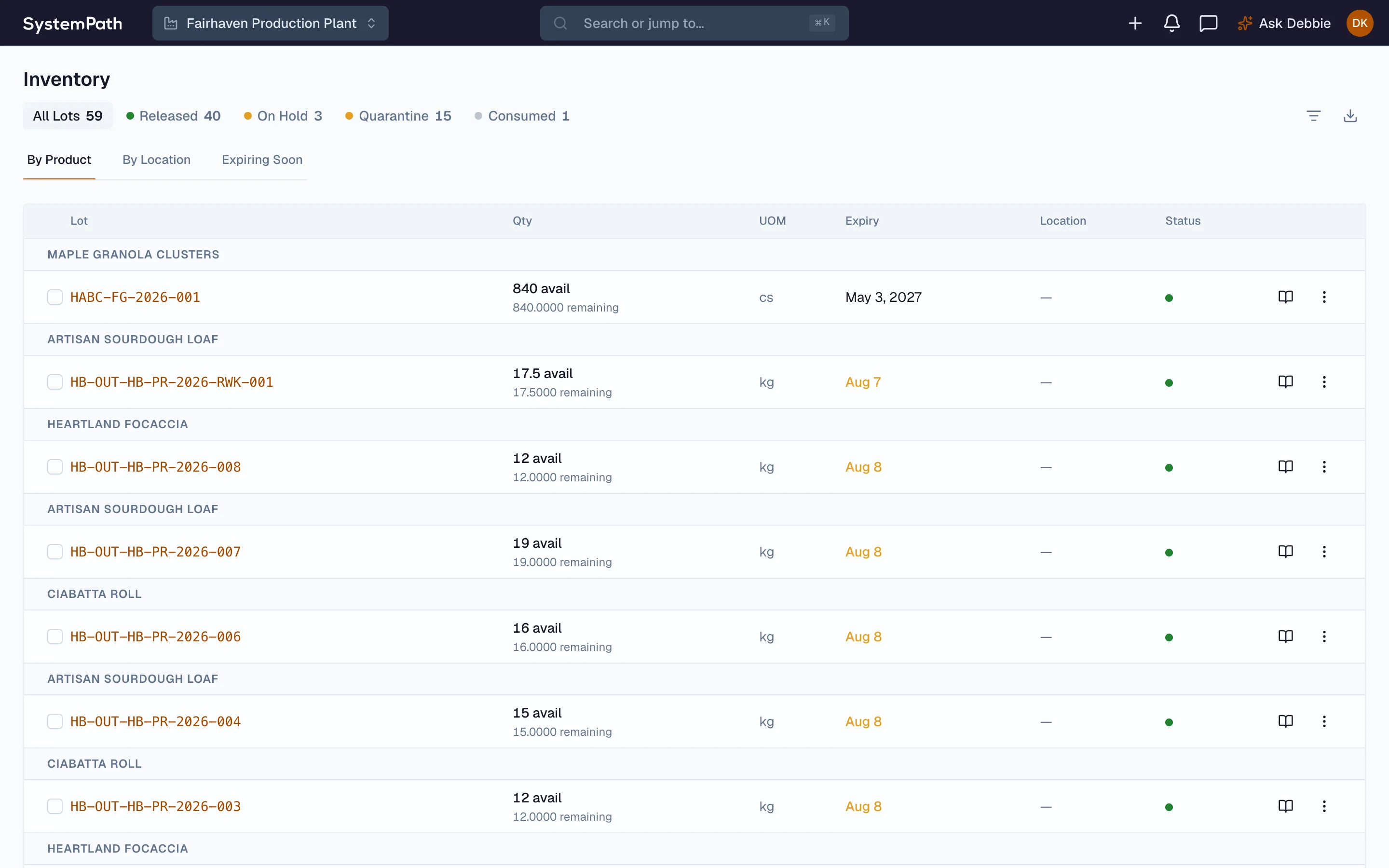 Beacon inventory by product with each lot's quantity, expiry, and release status