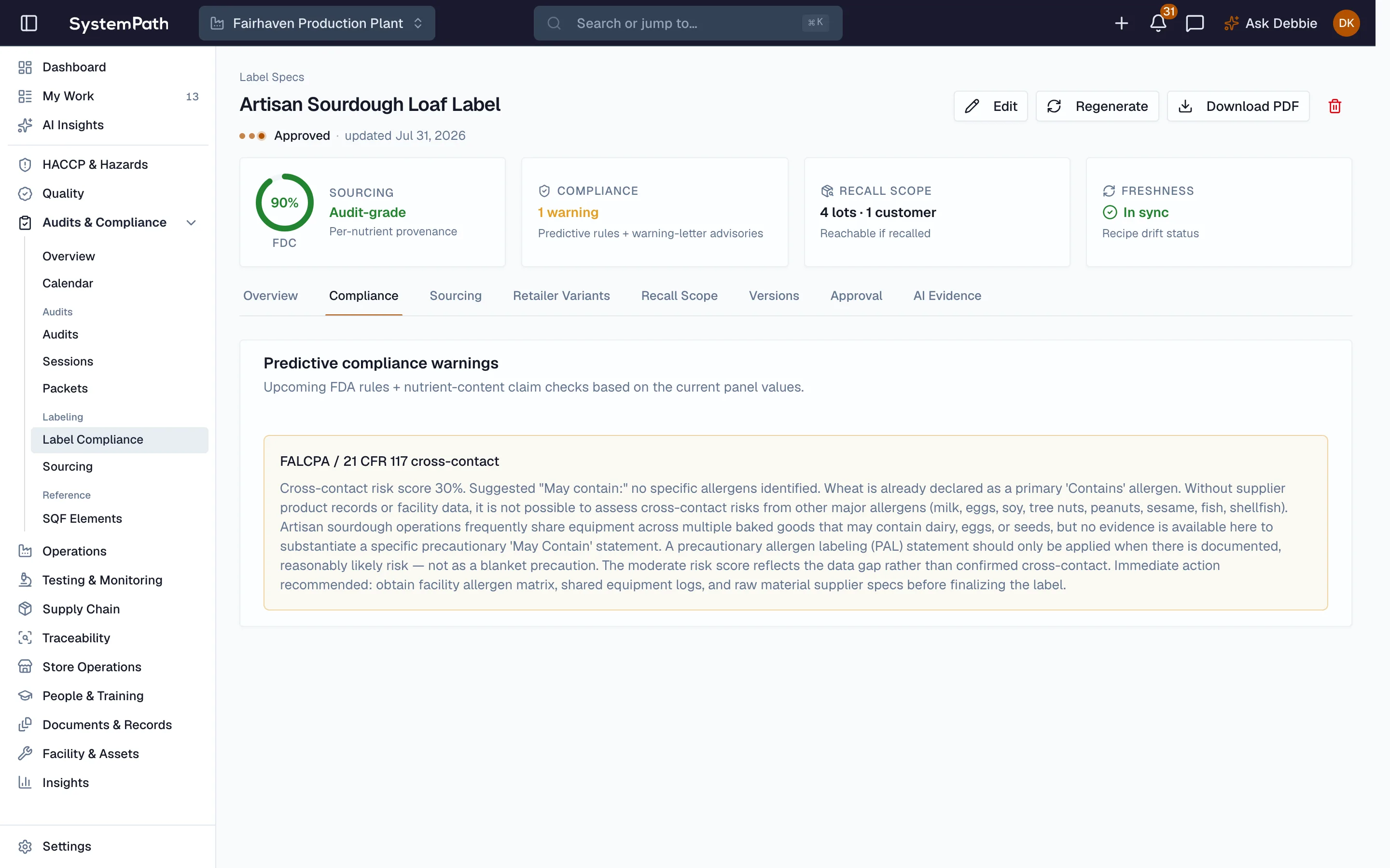Label-claim control and allergen statement records in Beacon