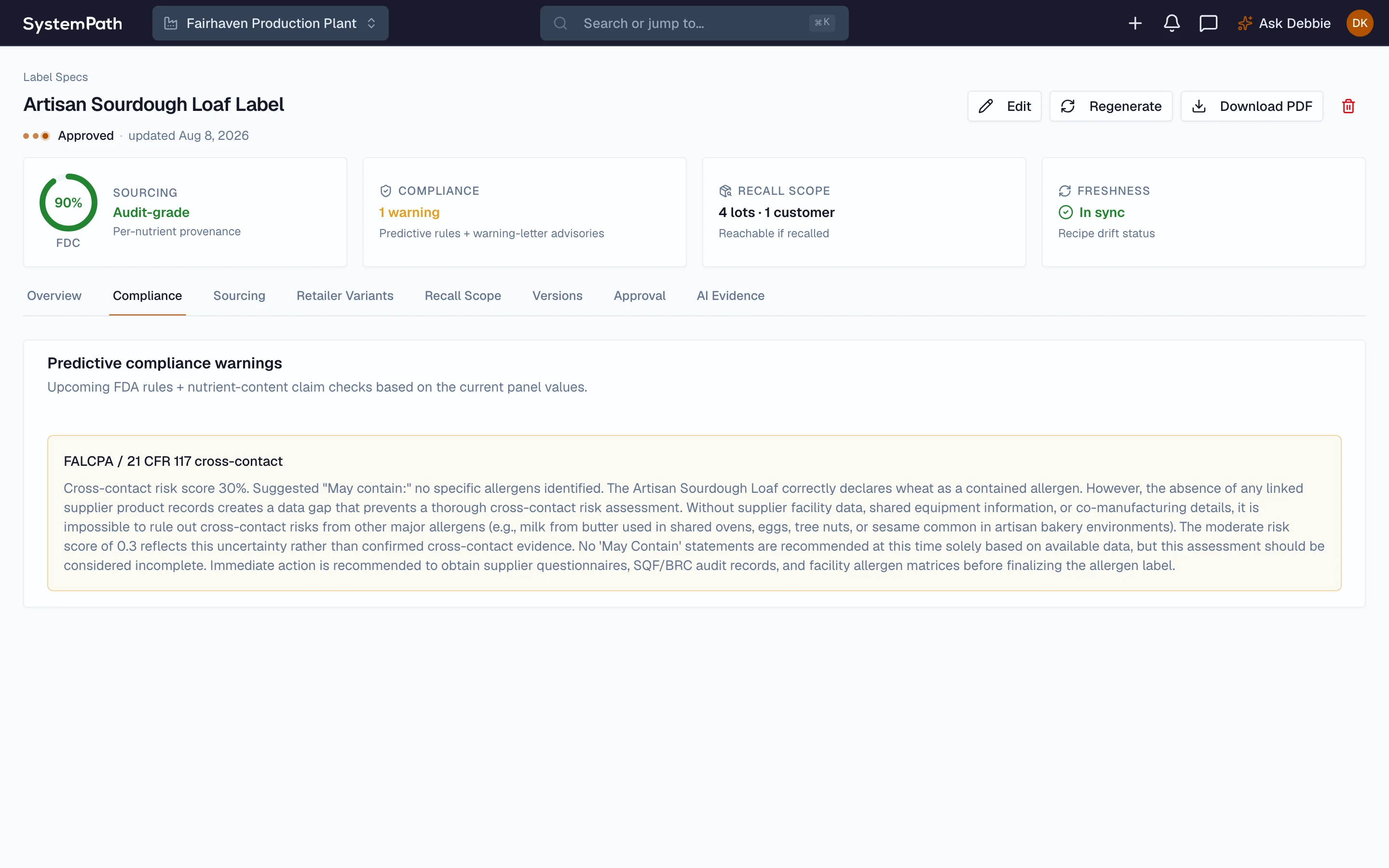 Beacon predictive compliance warning citing the FDA rule it came from