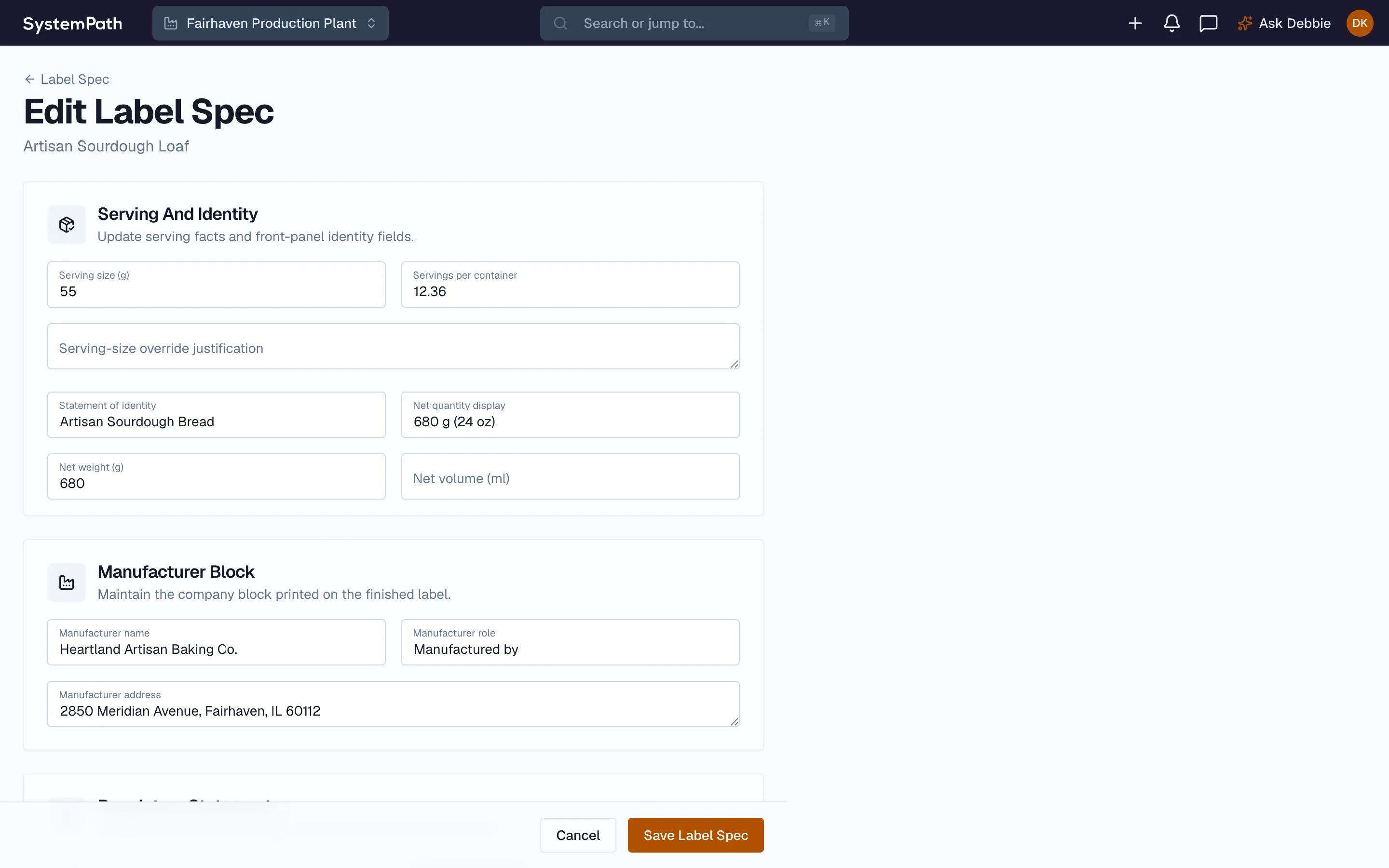 Beacon label structural-fields editor with identity, net quantity, and manufacturer block