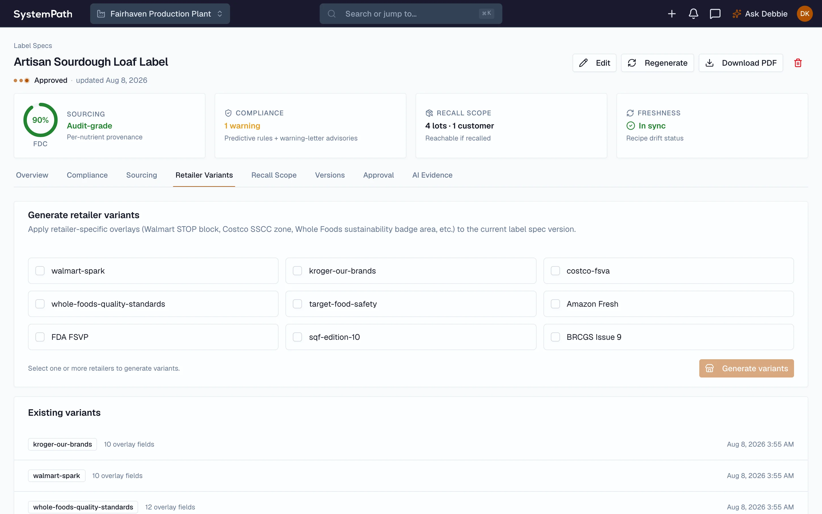 Beacon retailer label overlays with generated variants and their overlay field counts