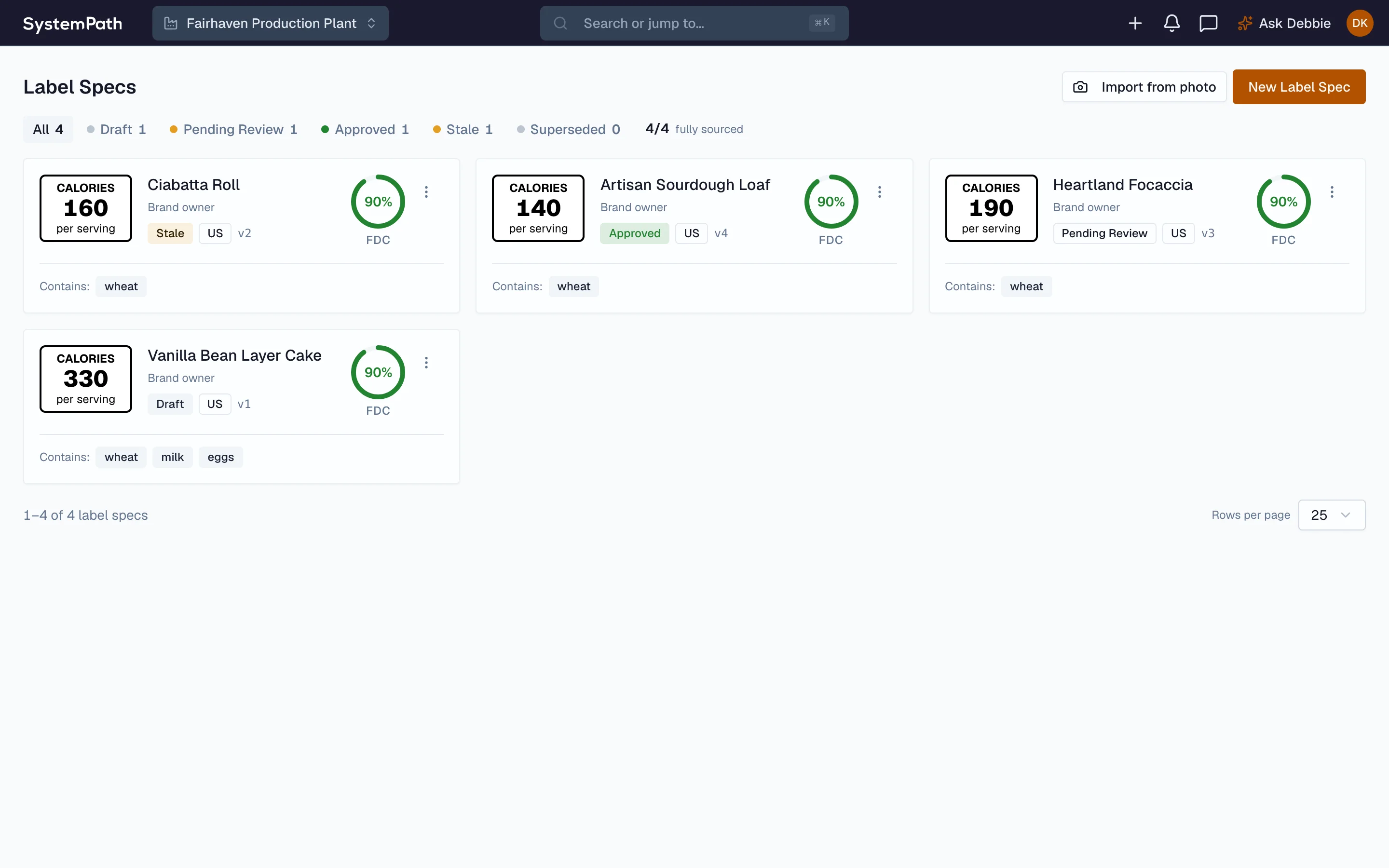 Beacon label catalog with per-label status, version, and nutrient sourcing score