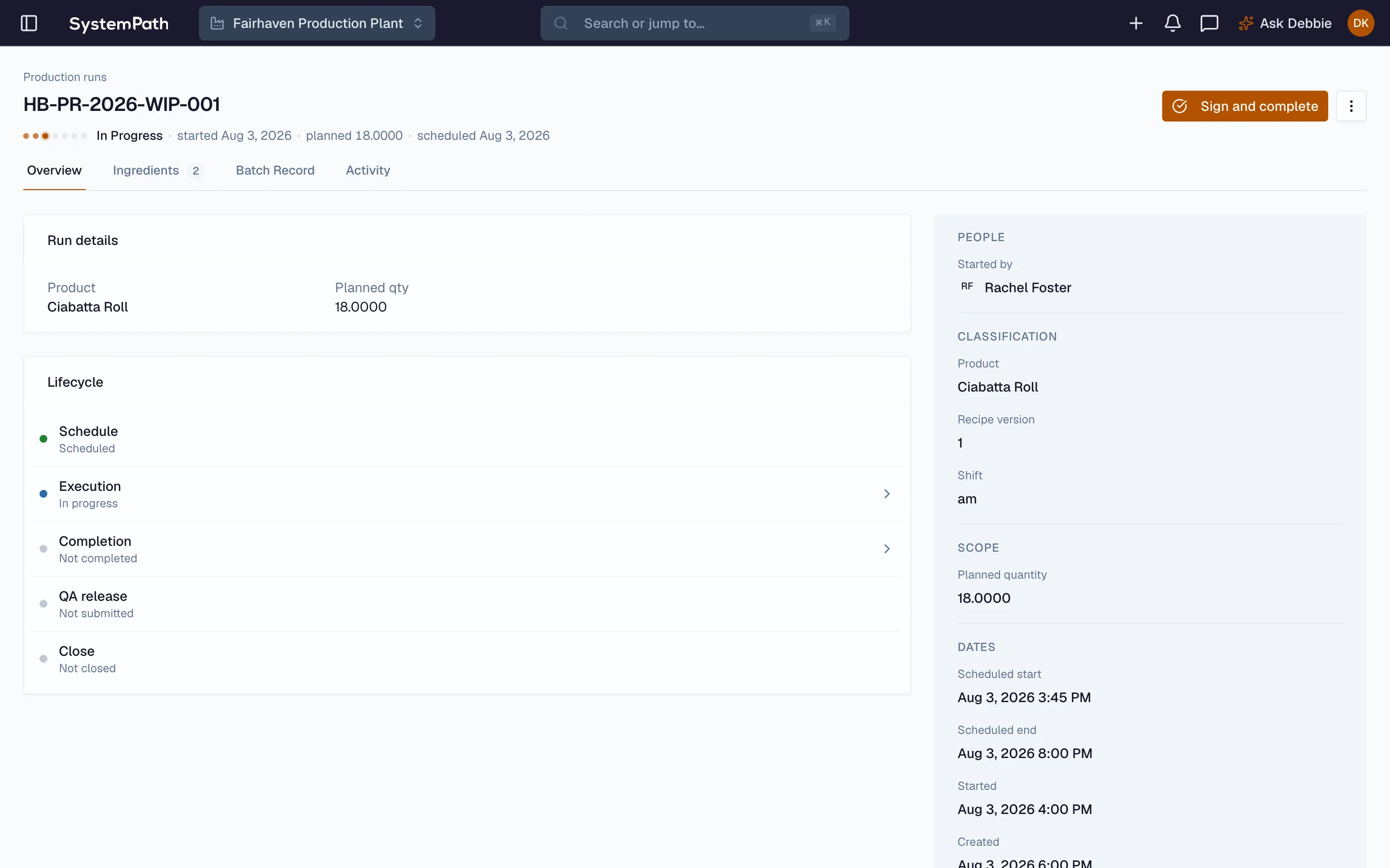 Beacon electronic batch record with role-based signatures on a production run