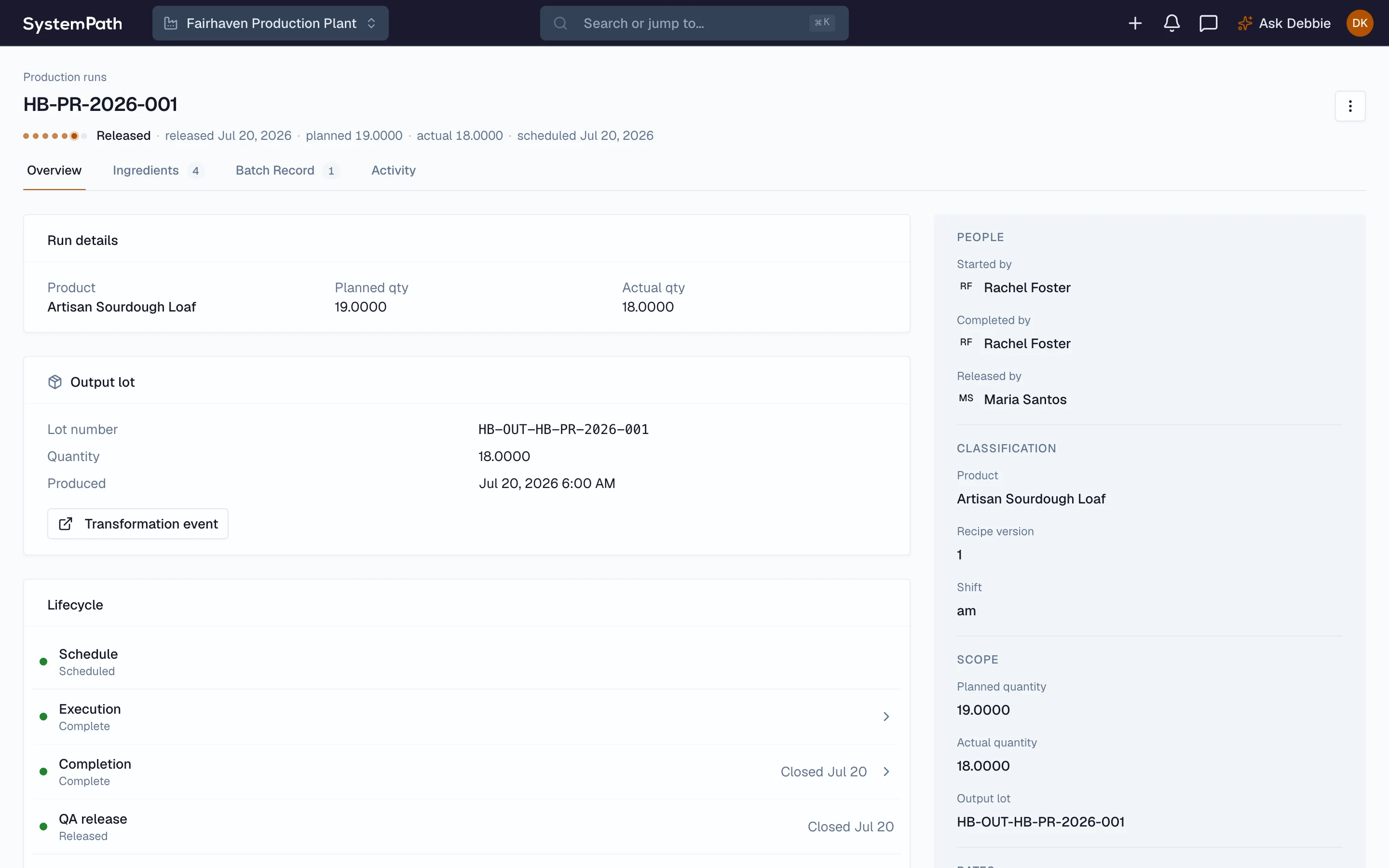 Beacon production run with its output lot and a release approved by a different person
