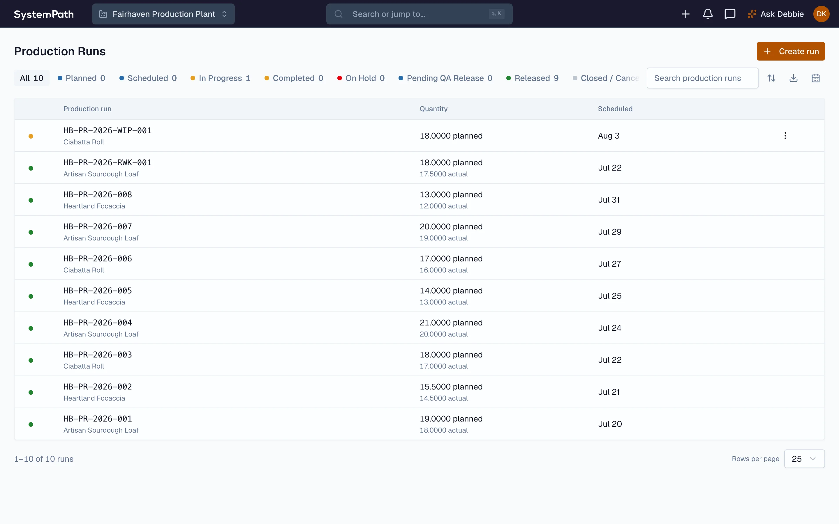 Beacon production run register with per-run quantities and output lots