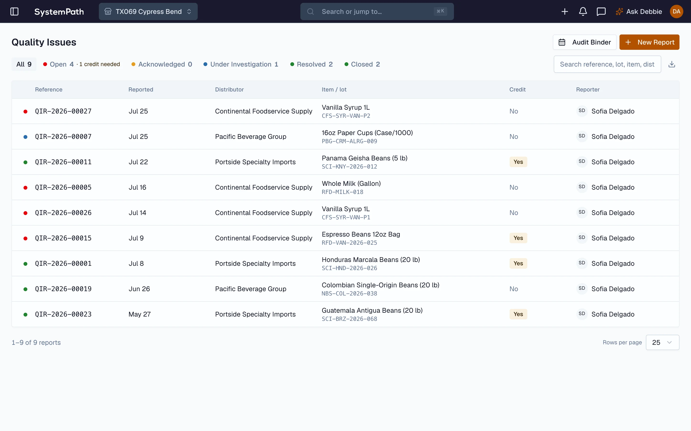 Beacon quality issue report tracked against the distributor that delivered it